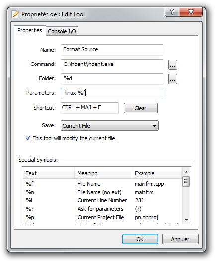 Programmer’s Notepad, ajout de Indent