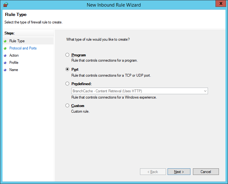 New Inbound Rule Wizard Step 1