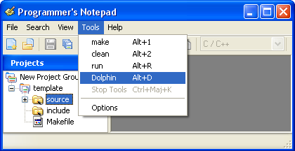 Programmer’s Notepad with Dolphin menu
